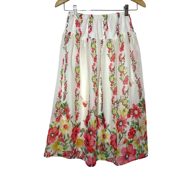 Unilaid Dresses & Skirts - Vintage Floral Butterfly Midi‎ Skirt White Red Smocked Back Waist Size L